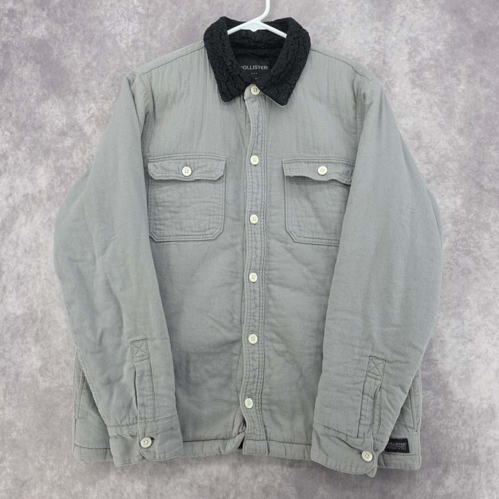 Hollister Mens Grey Quilted Sherpa Collar Button Front Shirt Jacket Medium